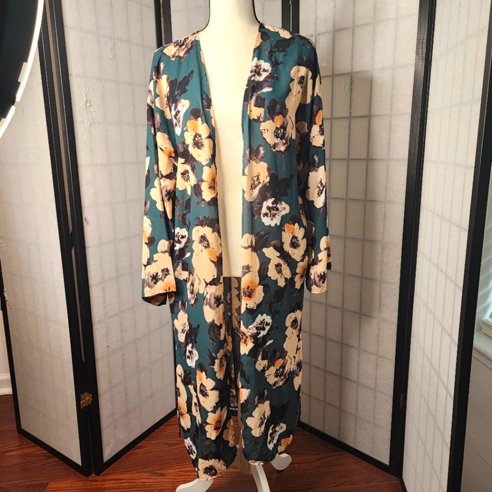 Pink Blush Green Floral Open Front Duster Boho Beachy long sleeve S/M